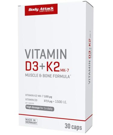 Body Attack Vitamin D3 + K2 30 capsules - high dose and vegan - 100mg vitamin K2 and 37.5mg vitamin D3