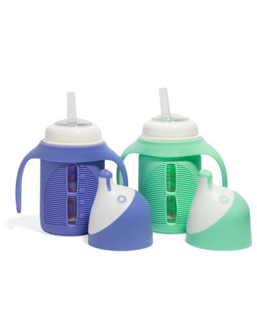 The Minis - Set of 2 - Glass Sippy Cup for Toddlers - 5oz | Spill-Proof | Silicone Straw | Mint Green & Indigo Purple | Liquids Never Touch Plastic