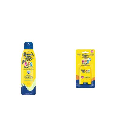 Banana Boat Kids Max Protect & Play Clear Spray Sunscreen SPF 100 6oz and Sport Sunscreen Stick SPF 50 0.5oz Bundle