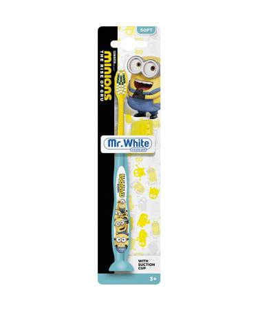 Minions Manual Toothbrush with Suction Cup & Soft Bristles for 3+ Years Kids by Mr. White Yellow & Blue 1 count (Pack of 1)