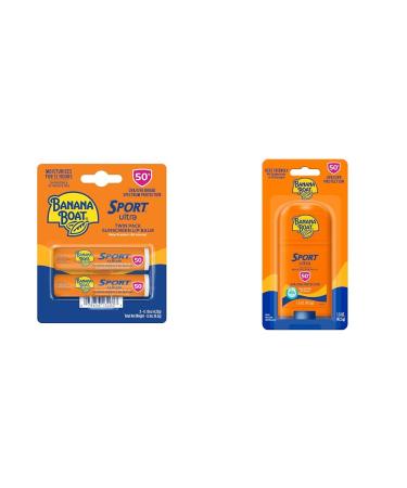Banana Boat Sport Ultra SPF 50 Lip Sunscreen Twin Pack | SPF Lip Balm Pack & Sport Ultra Reef Friendly Broad Spectrum Sunscreen Stick SPF 50 1.5oz.