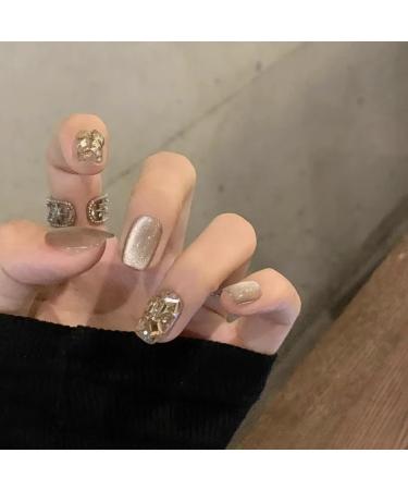 Cat's Eye Nail Champagne Diamond Nail Hand Wearable Nail Detachable False Nail(L) 1 count (Pack of 1)