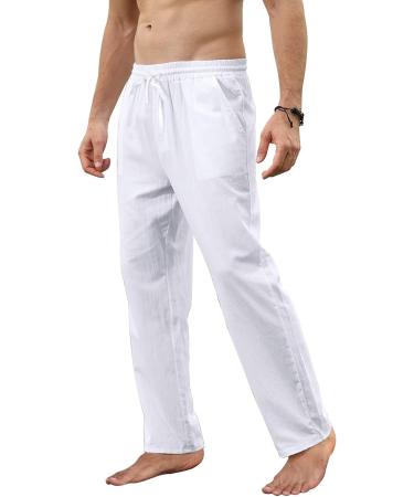 MorwenVeo Men's Linen Pants - Lightweight Drawstring Beach Trousers | White Medium - Buy Online on GoSupps.com