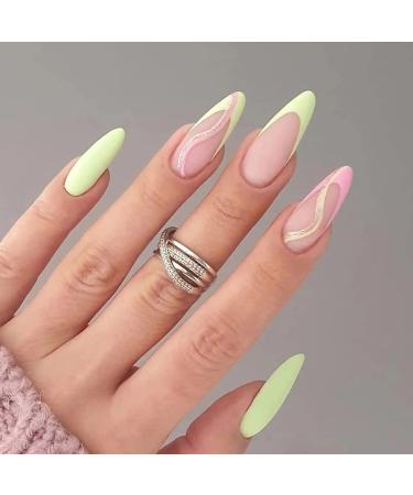 Sethexy Short Almond False Nails - Green French Matte Press-On Acrylic Nails (24 pcs) for Women & Girls - Buy Online on GoSupps.com