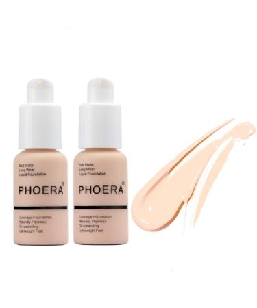 2 Pack PHOERA Foundation, Full Coverage Foundation, Concealer Foundation Full Coverage Flawless Cream Smooth Long Lasting New 30ml PHOERA 24HR Matte Oil Control Concealer (101 Porcelain)