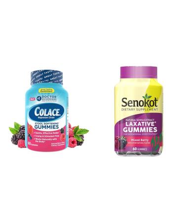 Colace Stool Softener Gummies 60ct & Senokot Laxative Gummies 60ct Bundle for Gentle Overnight Constipation Relief Medication+ Dietary Supplement