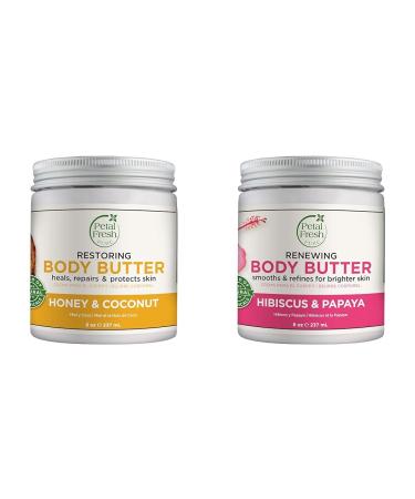 Petal Fresh Restoring Body Butter with Honey & Coconut Oil and Renewing Hibiscus & Papaya Body Butter Bundle 8oz Each