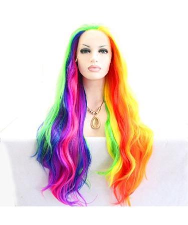 Xiweiya wig long mixed colors rainbow wig natural wave hair colorful wig synthetic lace front wig for women heat-resistant fiber hair wig