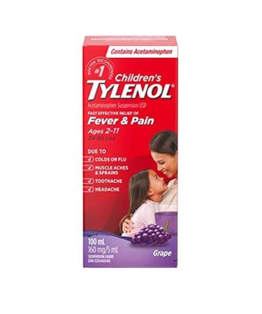 Tylenol Children's Medicine Fast Effective Relief of Fever & Pain 2-11 Years Grape Liquid Packaging May Vary 100mL 100 ml (Pack of 1) Grape Punch Liquid for Fever