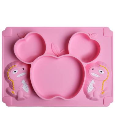 SFCCMM Toddler Baby Plates Silicone Divided Cartoon - Portable Non Slip Suction Toddler Plates for Children Baby and Kids Baby Dinnerware Eating Food Plates (Dinosaur Pink)