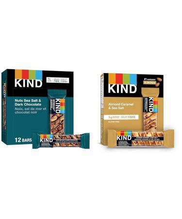 KIND Bars Nuts Sea Salt & Dark Chocolate Gluten Free Low Sugar 40 Grams 12 Count & Fruit & Nut Caramel Almond Sea Salt Gluten Free Low Sugar 1.4 Ounce 5 Count