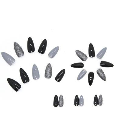 JUSTOTRY 24 Pcs Glitter Stiletto False Nails Short - Grey & Black French Almond Fake Nails with Nail Glue - Women's Nail Art Set - Buy Online on GoSupps.com