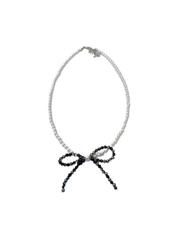 SOUTHJIELING Shimmering Crystal Bow Pendant Necklace Pearl Necklace Decoration for Women Black