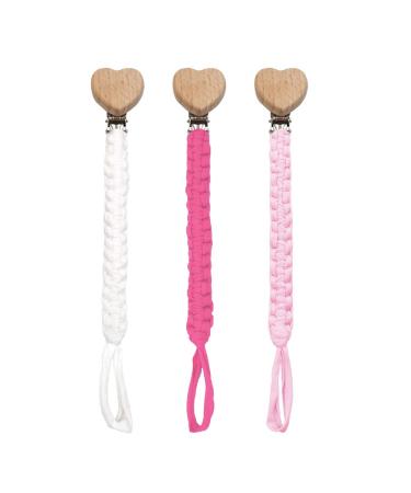Pack of 3 pacifier chains cotton pacifier strap baby pacifier chains for newborn girls and boys bibs (white + light pink + red)