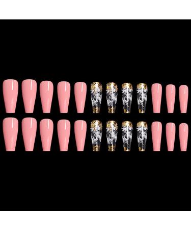Sethexy Long Ballerina False Nails - Shiny Gold Sparkle Coffin Press-On Tips for Women & Girls | 24 St Bling Acrylic Nail Kit with Glue (Pink) - Buy Online on GoSupps.com