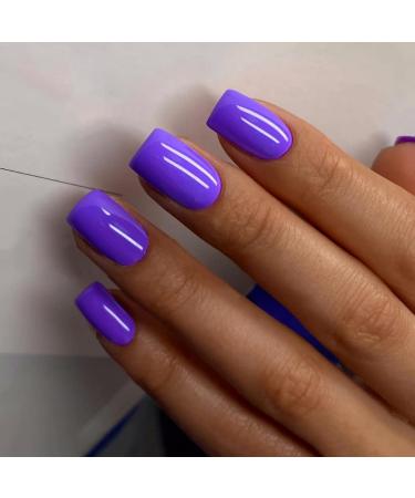 Purple Press on Nails Square Fake Nails Short Acrylic Nails Glossy False Nails with Glue Simple Artificial Finger Manicure for Women and Girls 24pcs 3