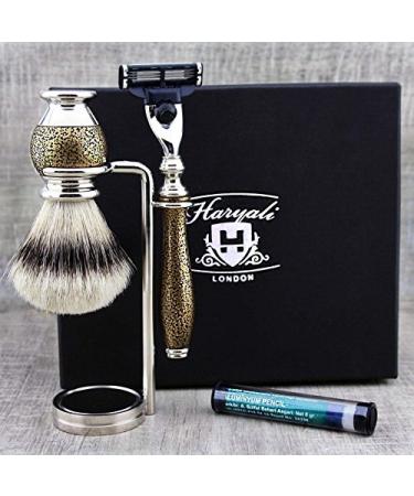 Mens Shaving Kit 3 Edge Razor With Silver Tip Badger Hair Shaving Brush Dual Stand and Alum Pencil Perfect Set For Men