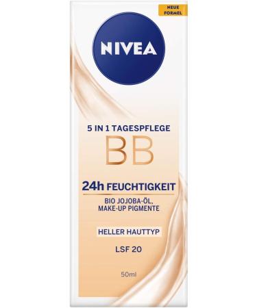 NIVEA BB 5 in 1 Day Cream 24h Moisture (50 ml) BB Cream for Light Skin Types with SPF 20 Tinted Day Cream with Organic Jojoba Oil & Makeup Pigments Light skin type - new formula - Buy Online on GoSupps.com