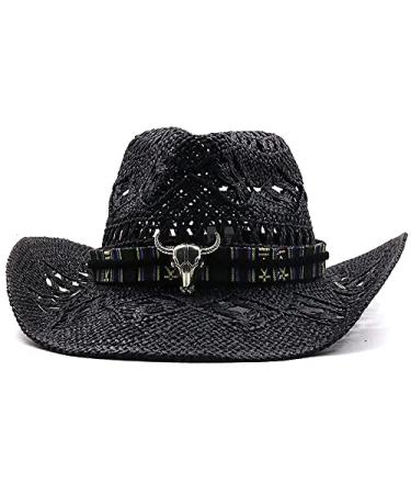 Western Cowboy Straw Hat Wide Brim Cowgirl Hat Men & Womens Vintage Beach Sun Hat with Hat Band Black 7-7 1/4