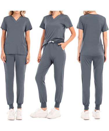 Women's Scrub Set: V-Neck Top & Jogger Pants | Grey Workwear Uniform with Athletic Stretch | Size Small - Buy Online on GoSupps.com
