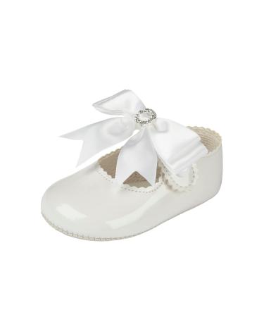 EARLY DAYS Baypods Baby Girls Shoes Soft Soled Pre Walker Shoes Diamante Bow Soft Faux Leather Baby Shoes Made in England 1 UK Child White Patent