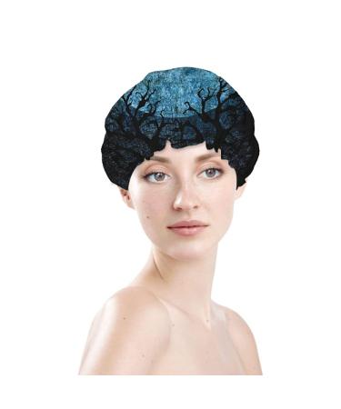 Moslion Blue Teal Gray Moon Shower Cap | Halloween Night Spider Web Bats | Spooky Forest Tree Hair Cover for Women | Reusable Large Bath Cap - Buy Online on GoSupps.com
