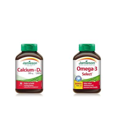 Jamieson Calcium 500mg + Vitamin D 1000IU 90 Caplets & Omega-3 Select 1 000 mg Caplets + Omega-3