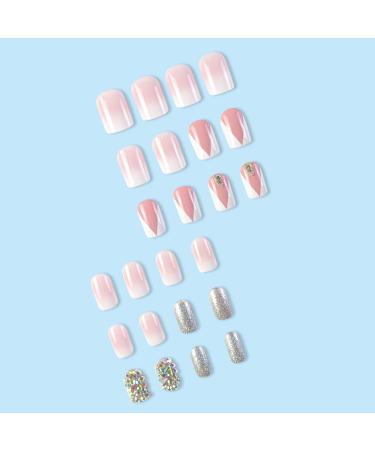 French Tip Press on Nails - Short Square Press On Nails with Nail Tips Pink white gradient silver glitter Rhinestones false nails press on nails Acrylic False Nails Cute Artificial Nails - Buy Online on GoSupps.com