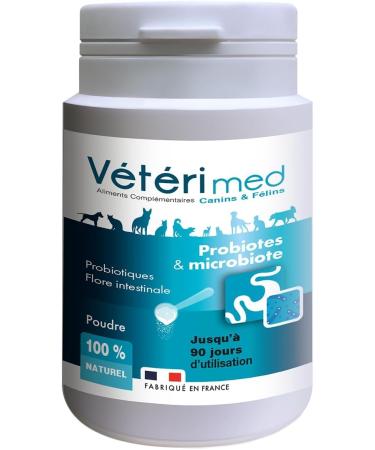 Vétérimed PROBIOTES & MICROBIOTE, Natural Powder of pre and probiotics to strengthen intestinal flora, up to 90 days, 54g, made in France
