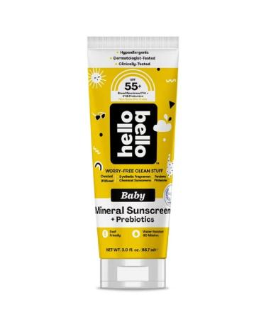 Hello Bello Mineral SPF 55+ Sunscreen Lotion with Prebiotics I Water Resistant and Reef Friendly Sun Protection for Babies and Kids I 3 fl oz (Pack of 1)