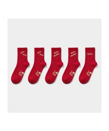 Chinese New Year Red Socks Autumn and Winter Fashion Embroidery Cotton Socks Sports Socks 5 Pairs (Color : Red-1 Size : 35-42) 35-42 Red-1
