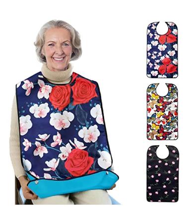 Pafusen 3 Pack Adult Bibs for Elderly Women Eating, 100% Reusable Bib with Crumb Catcher, Washable Clothing Protector with Neck Adjustable Snap Closure, Double-sided Waterproof