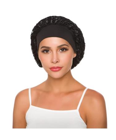 Crochet Hair Net Snood Hat Satin Hair Bonnet Sleep Cap for Women Sleeping Black