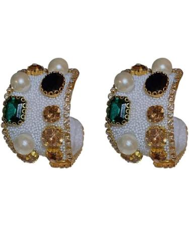 Minzaos Baroque Pearl Gemstone Hoop Earrings | Vintage Chunky U Earrings 925 Silver Needle Jewelry for Party Wedding (White) - Buy Online on GoSupps.com