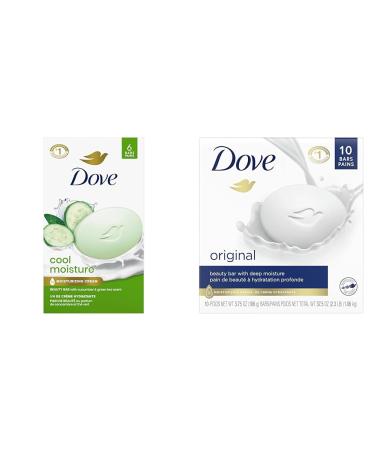 Dove Skin Care Beauty Bar For Softer Skin Cucumber and Green Tea More Moisturizing Than Bar Soap 106 g 6 count & Beauty Bar more moisturizing than bar soap Original for clean and soft skin 106 g 10 ct cool moisture+ Beauty Bar