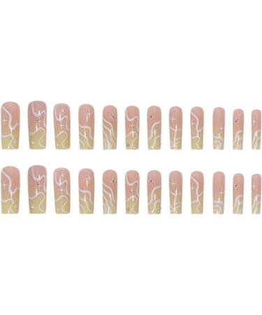Justotry 24 Pcs White Swirl Diamond Pale Yellow French Press on Nails - Medium Acrylic Coffin Fake Nails for Women - Nail Art Designs - Includes Glue - Yellow & Wavy - Buy Online on GoSupps.com