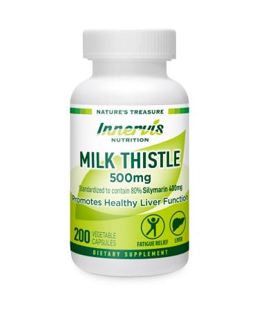 INNERVISNUTRITION Milk Thistle 500mg Liver Support & Detox, 400mg Silymarin, Extra Strength, 200 Veg Capsules