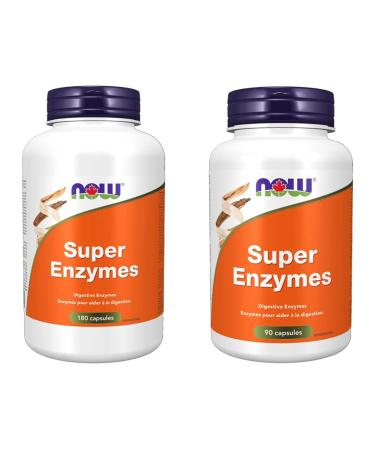NOW Super Enzyme Capsules 180 Count & Foods Super Enzymes 90cap Capsules + Enzymes 90 Count (Pack of 1)