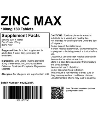 Zinc Max 100mg 180 Tablets | Pharmaceutical Grade Mineral Supplement - Buy Online on GoSupps.com