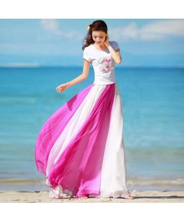 Sanahy Women's Gradient Chiffon Maxi Skirt - Hot Pink | Full/Ankle Length, Elastic Pleated Retro Style - Buy Online on GoSupps.com