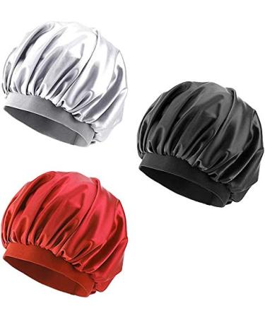 Number-one Satin Sleep Cap 3 Pieces Elastic Wide Band Satin Bonnet Soft Sleeping Hat Cap for women  Night Sleeping Head Cover for Good Sleeping Fits for Most Women and Girls(Silver  Black  Wine Red)