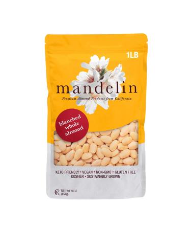 Mandelin Blanched Whole Almonds, 100% Almonds (1 lb), Non-GMO, Gluten Free, Vegan, Keto, Plant Based Diet Friendly, Kosher for Passover, Every Batch Tested for Quality 1 Pound (Pack of 1)