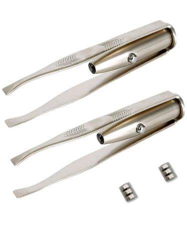 Goeielewe 2Pcs Tweezers with LED Light  Eyebrow and Eyelash Hair Removal Tool Makeup Tools Lighted Stainless Steel Slant Tip With Point For A Professional Tweezing Experience