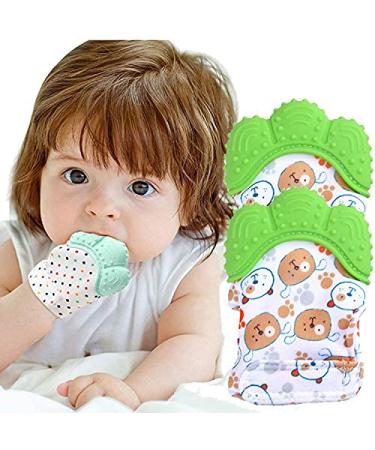 Baby Teething Mitten 2Pack-Stimulating Teeth Toys for Infant Avoid Scratching (Green2)