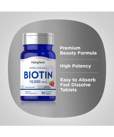Piping Rock Biotin 10000mcg Tablets | 90 Berry Flavor | Max Strength, Fast Dissolve Sublingual | Vegetarian, Non-GMO, Gluten-Free - Buy Online on GoSupps.com