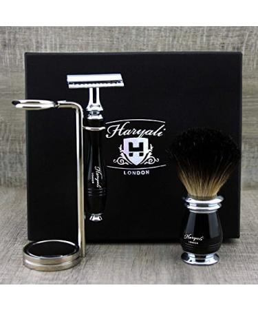 Men's Black Shaving Kit - Badger Hair Brush Safety Razor & Stainless Steel Stand | Premium Grooming Set - Buy Online on GoSupps.com