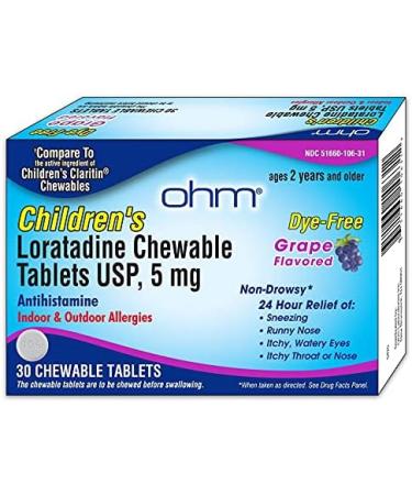 Ohm Children s Chewable Tablets - Dye Free Grape Antihistamine for Allergies 24h Relief from Sneezing Runny Nose & Itchy Eyes 5mg 30 Tablets - Buy Online on GoSupps.com