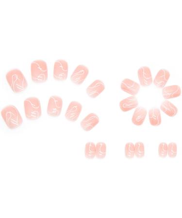 24Pcs Short Square Nude French Tip False Nails with Abstract Lines Design - Glossy Acrylic Full Cover Press on Nails for Women, Girls - Pink Curve - Buy Online on GoSupps.com