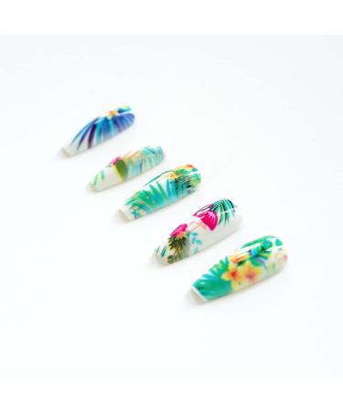 Tropical Flower & Leaf Design Long Coffin Fake Nails - 24 Pcs | Hawaiian Exquisite Static False Nails for Women - Buy Online on GoSupps.com