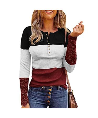 Long Sleeve Shirts for Women Fitted, Women's Long Sleeve Tops Lace V Neck Button Down Henley Shirts Ribbed Knit Shirts Tunics XX-Large Wine